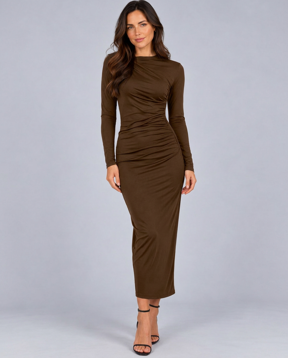 Alexis | Long Sleeve Midi Dress with Ruched Waist