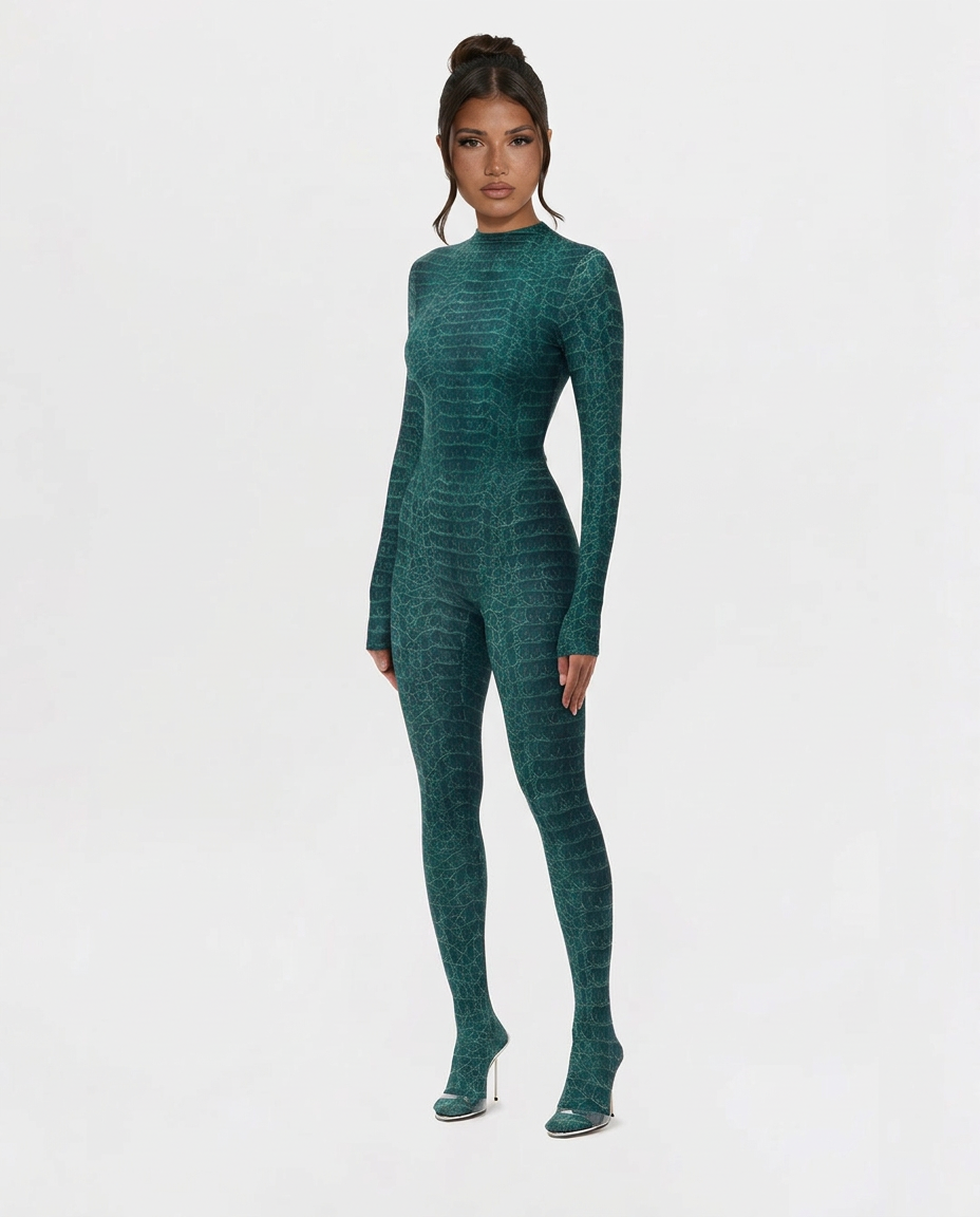 Alexis | Snake Print Bodysuit with Long Sleeves and Integrated Footed Legs