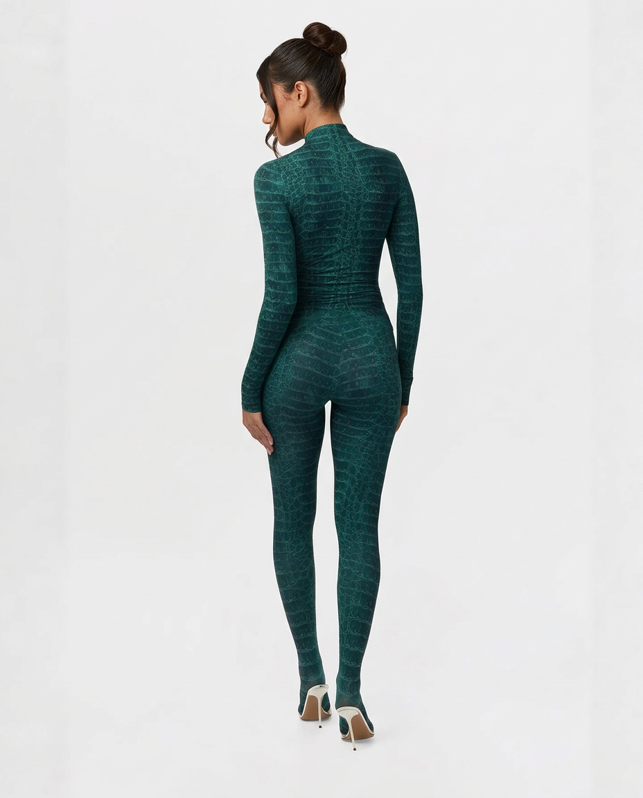 Alexis | Snake Print Bodysuit with Long Sleeves and Integrated Footed Legs