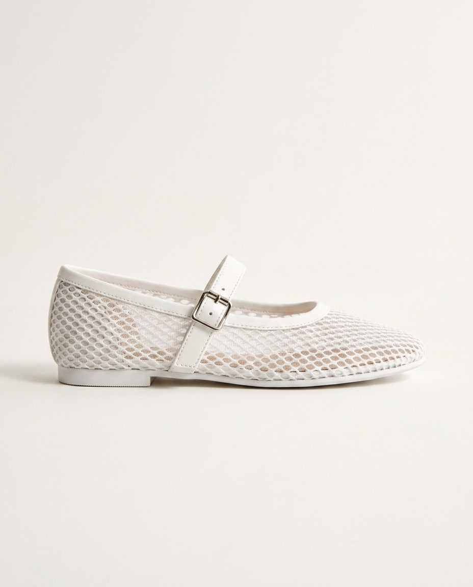 Renata | Round Toe Buckle Strap Mesh Ballet Flats