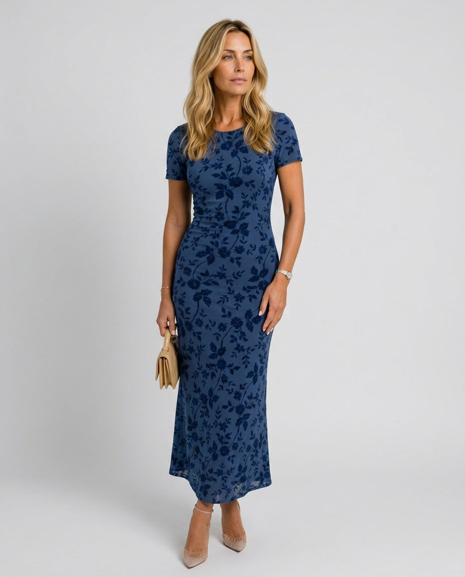Adeline | Short Sleeve Crew Neck Midi Dress