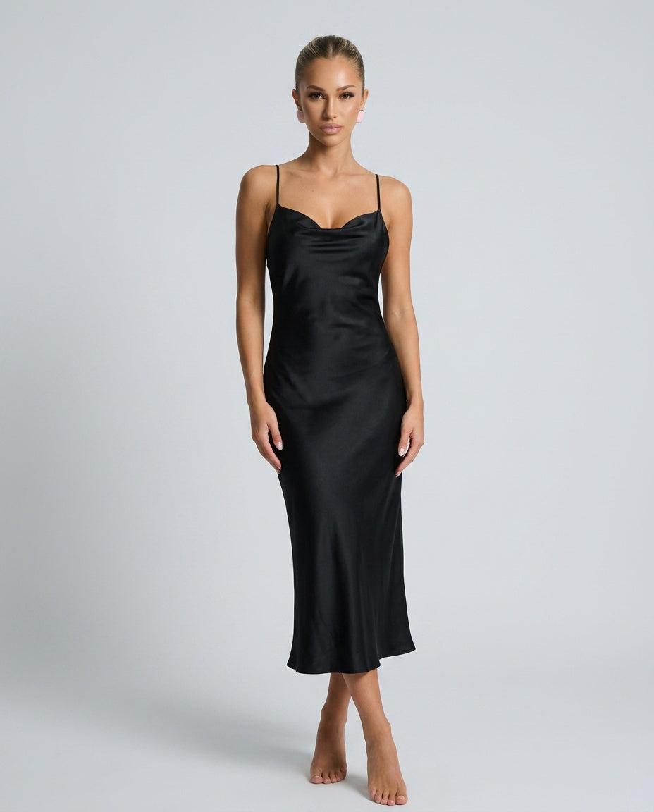 Vivienne | Cowl Neck Satin-Look Midi Dress