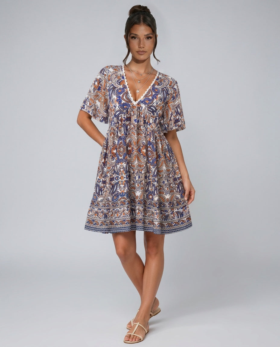 Priya | V-Neck All Over Print Boho Mini Dress
