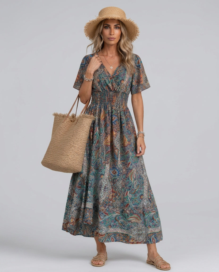 Marina | Bohemian Paisley Smocked V-Neck Maxi Dress
