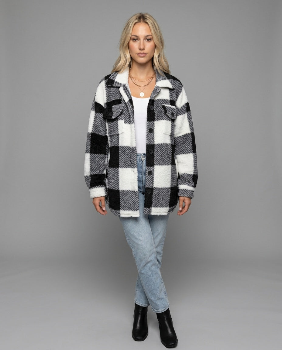 Piper | Check Print Button Front Sherpa Jacket