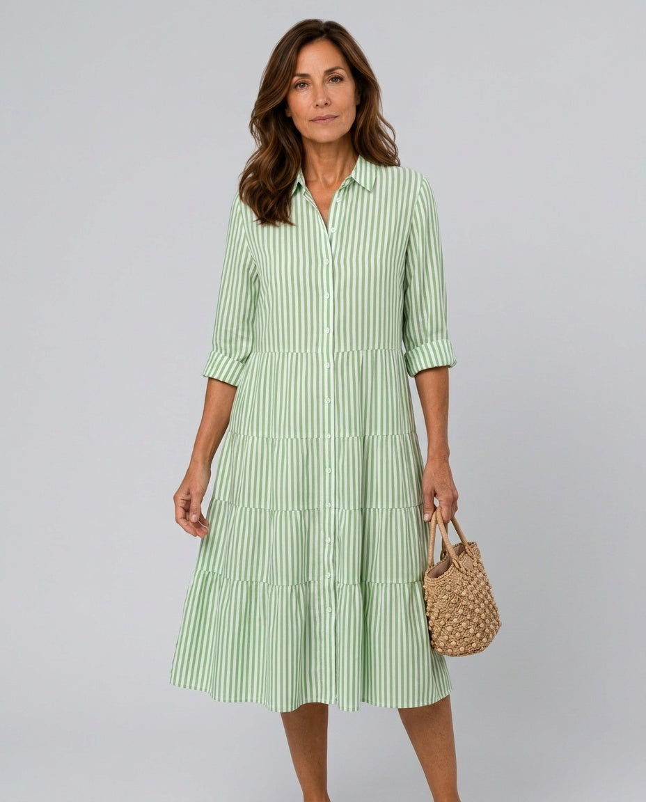 Delphine | Striped Tiered-Hem Midi Dress