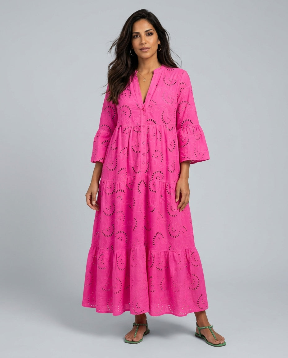 Amara | Openwork V-Neck 3/4 Sleeve Maxi Dress