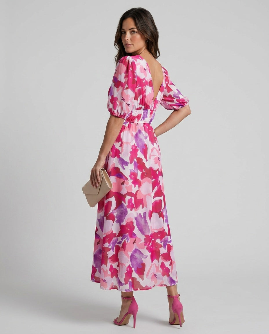 Coralie | Puff Sleeve V-Neck Abstract Print Midi Dress