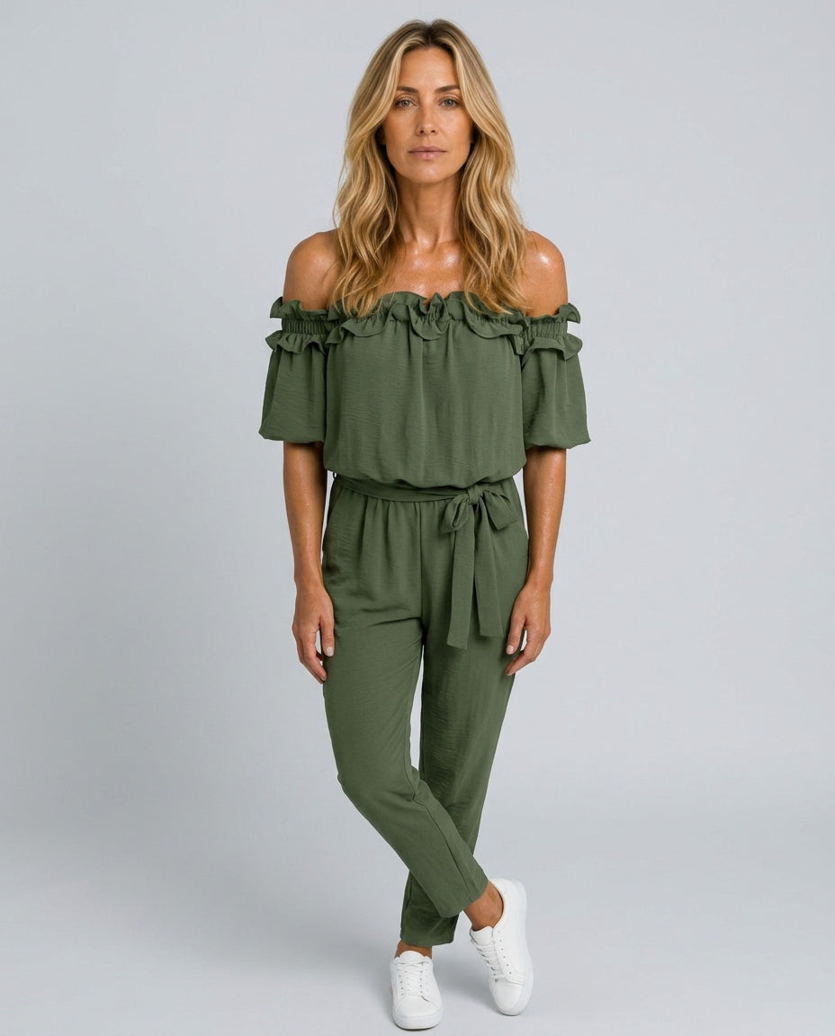 Isabela | Off-Shoulder Frill Wide-Leg Jumpsuit
