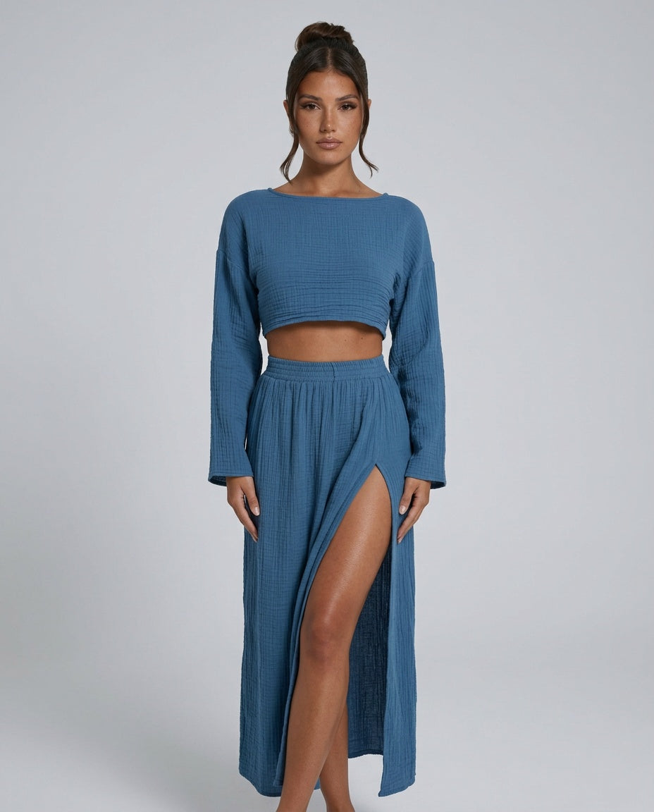 Odette | Long Sleeve Cropped Top & High Split Maxi Skirt Set