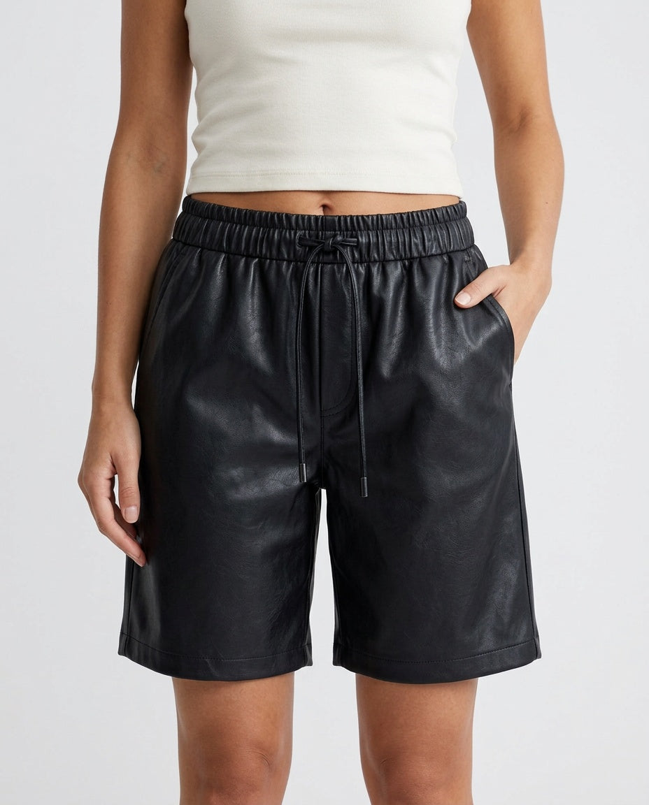 Tazmira | Faux Leather Bermuda Shorts with Elastic Waist