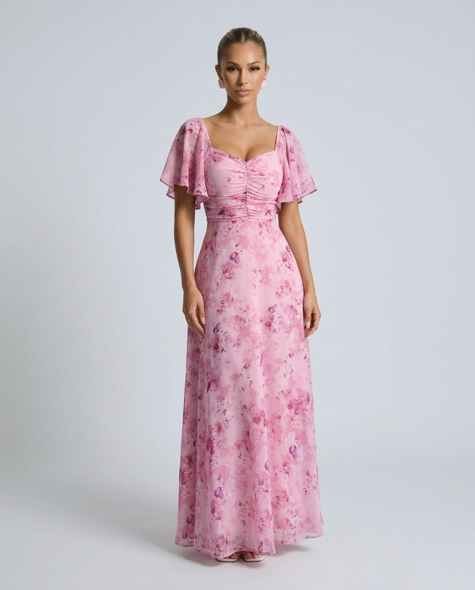 Una | Floral Flutter Sleeve A-Line Maxi Dress