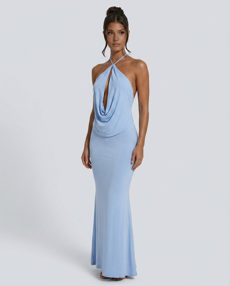 Lucia | Halter Neck Draped Open-Back Maxi Dress