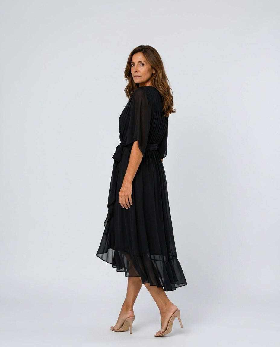 Daniela | Belted V-Neck Chiffon-Look Midi Dress