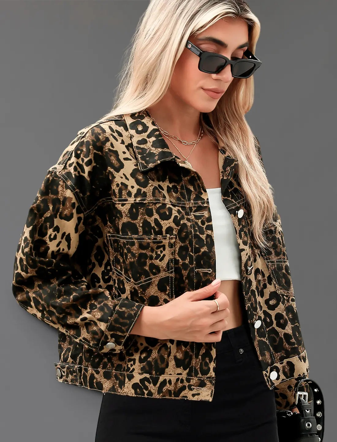 Hadley | Leopard Print Denim-Look Long Sleeve Jacket