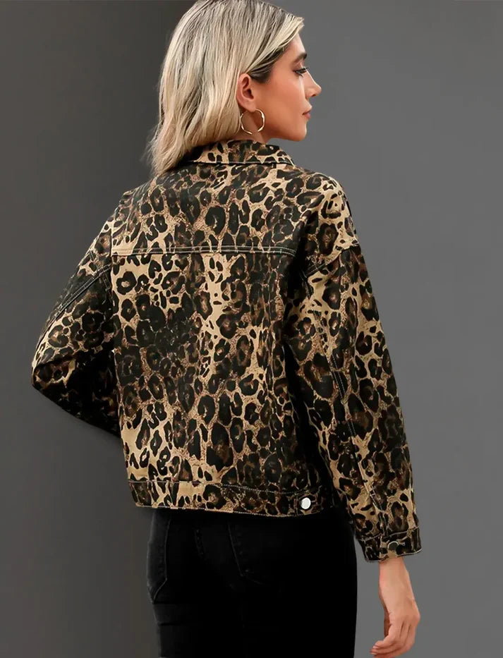 Hadley | Leopard Print Denim-Look Long Sleeve Jacket