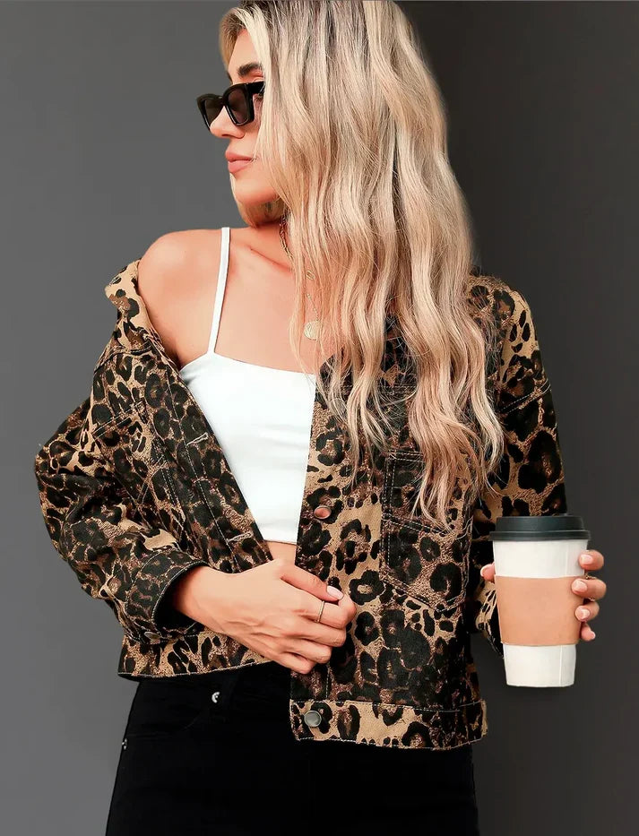 Hadley | Leopard Print Denim-Look Long Sleeve Jacket