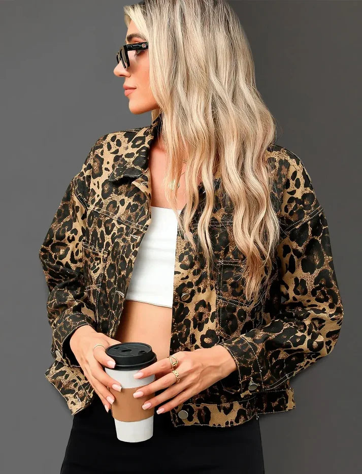 Hadley | Leopard Print Denim-Look Long Sleeve Jacket