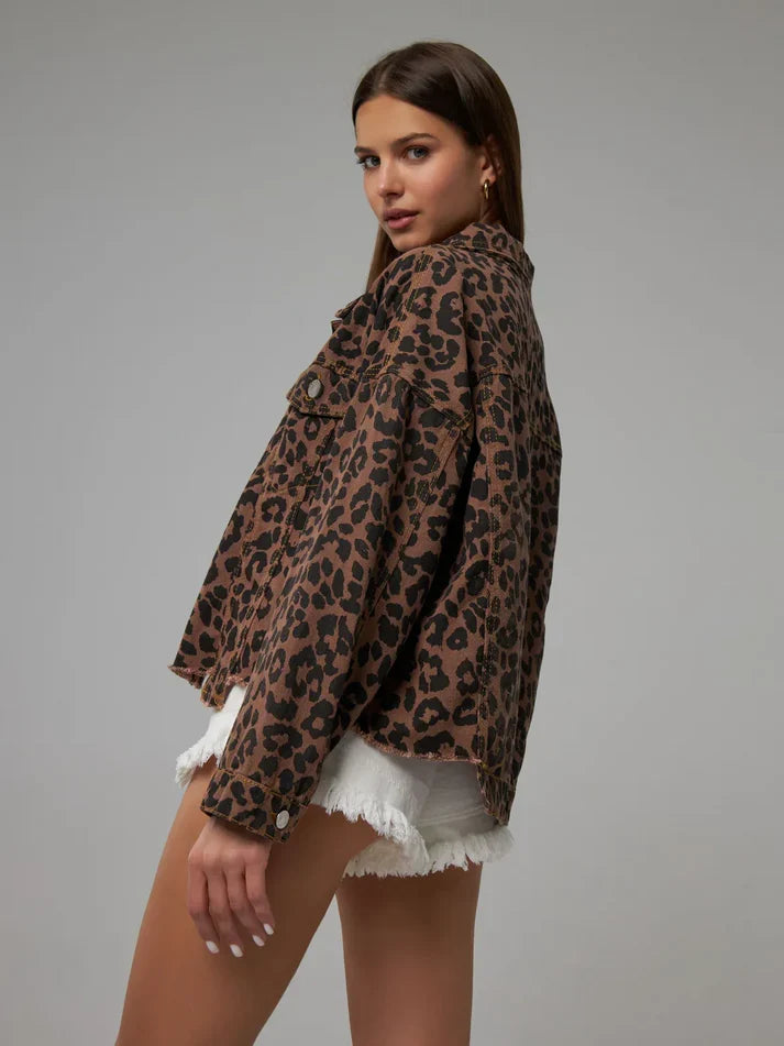 Beatrix | Leopard Print Long Sleeve Denim Jacket