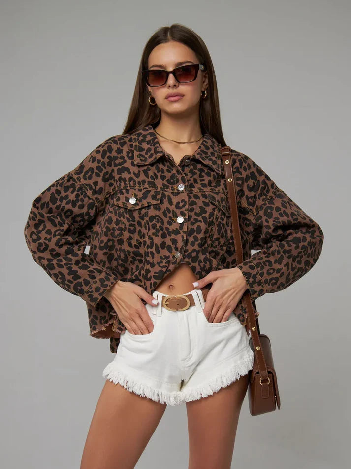 Beatrix | Leopard Print Long Sleeve Denim Jacket