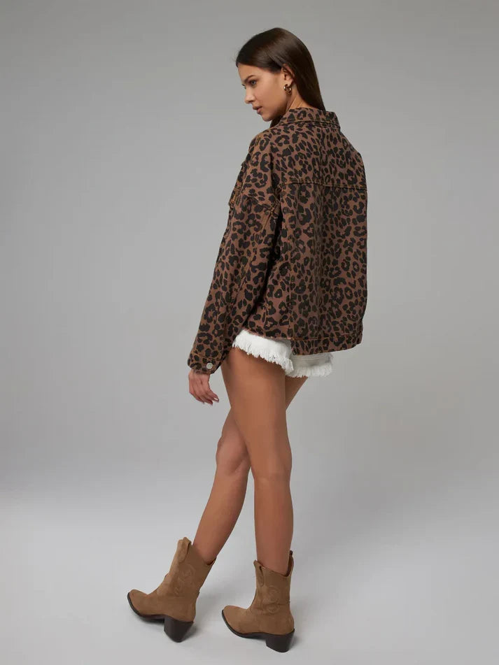 Beatrix | Leopard Print Long Sleeve Denim Jacket