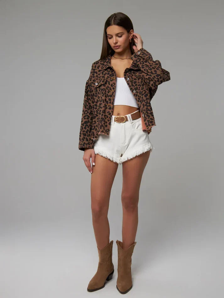 Beatrix | Leopard Print Long Sleeve Denim Jacket