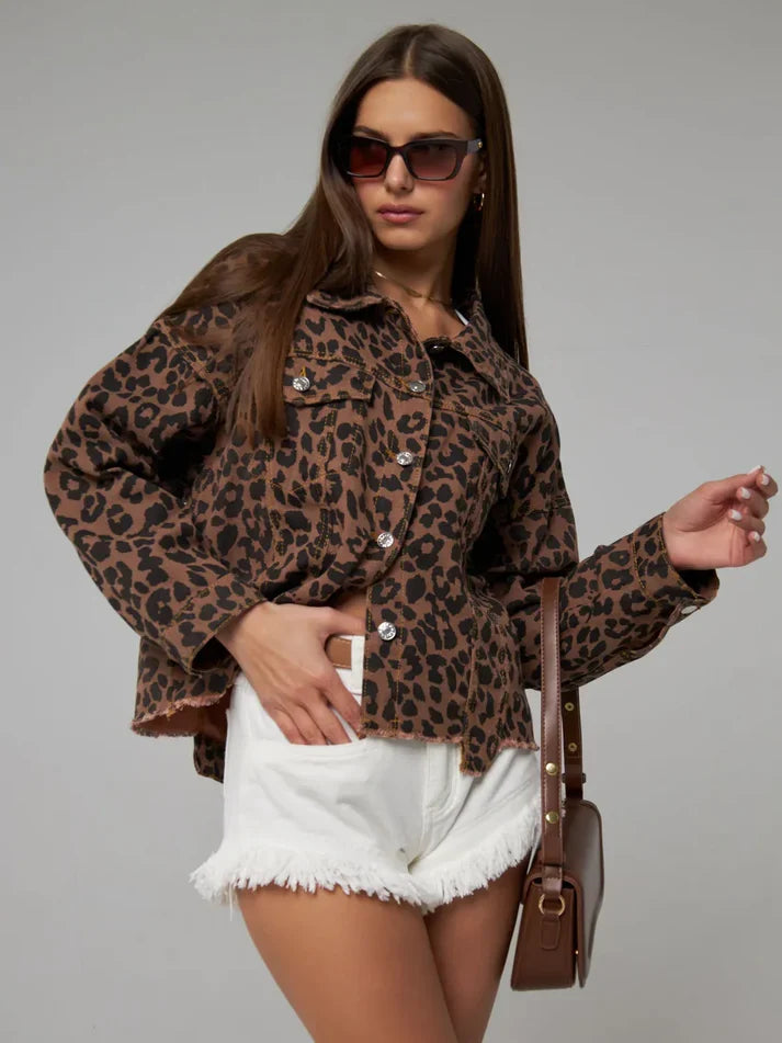 Beatrix | Leopard Print Long Sleeve Denim Jacket
