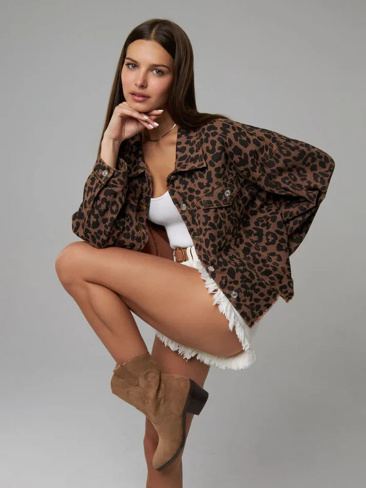 Beatrix | Leopard Print Long Sleeve Denim Jacket