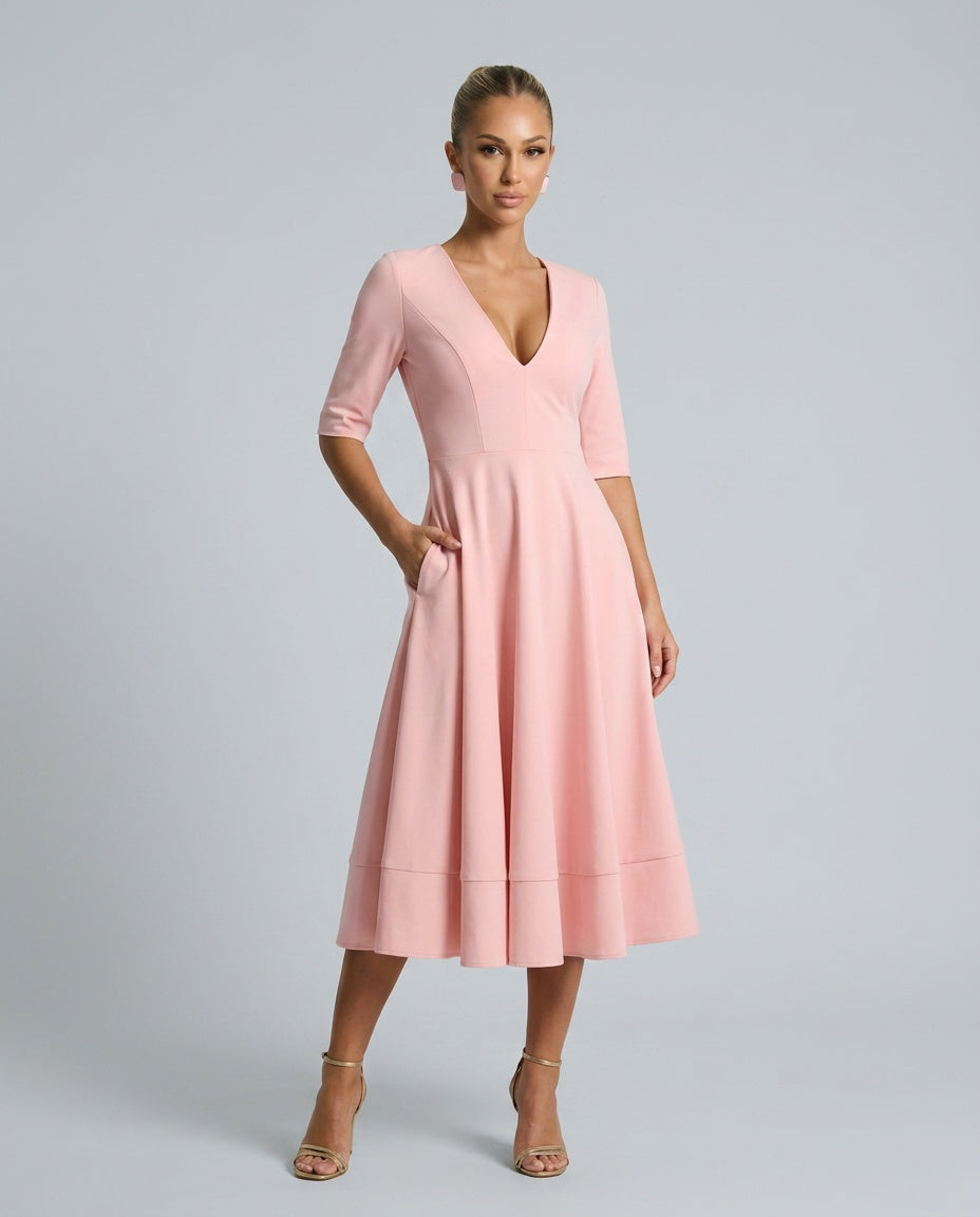 Delphine | A-Line V-Neck Pocket Midi Dress
