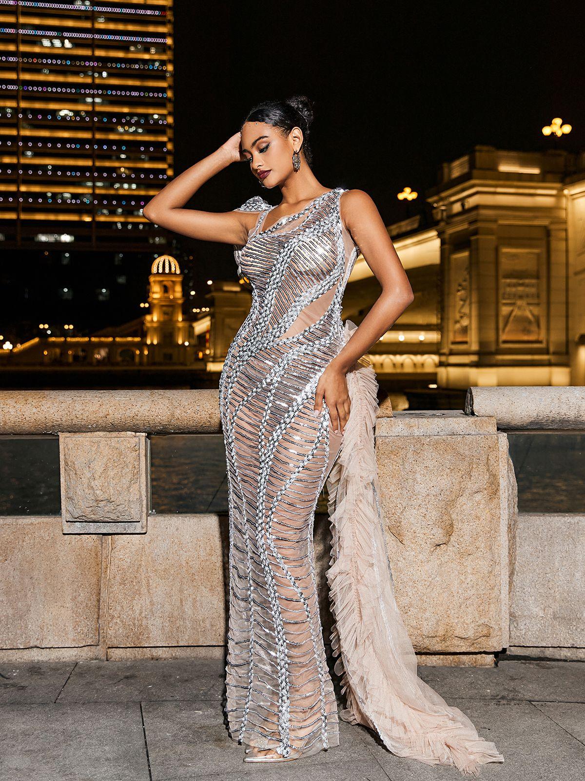 Lyda | Draped Cutout Sequin Mesh Midi Dress