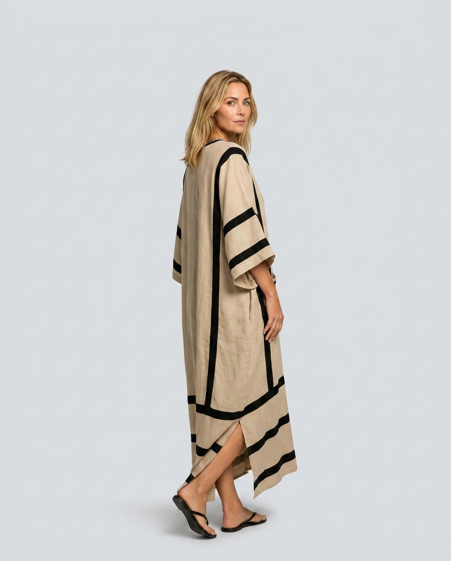 Pia | Long Sleeve Striped Trim Kaftan Maxi Dress