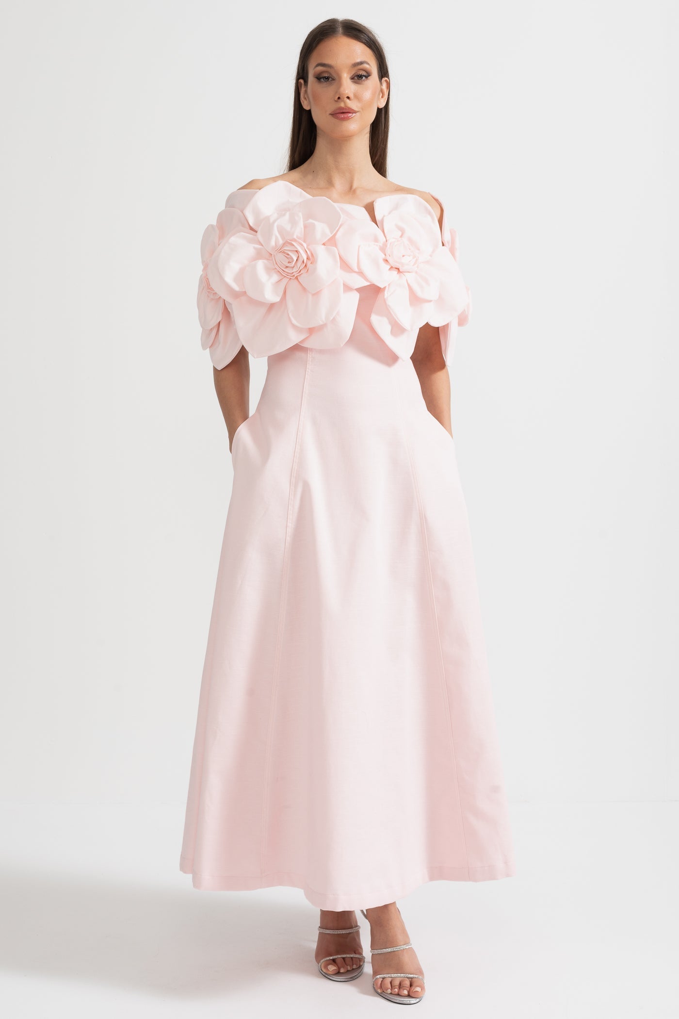 Faye | Off-Shoulder 3D Floral Appliqué Midi Dress