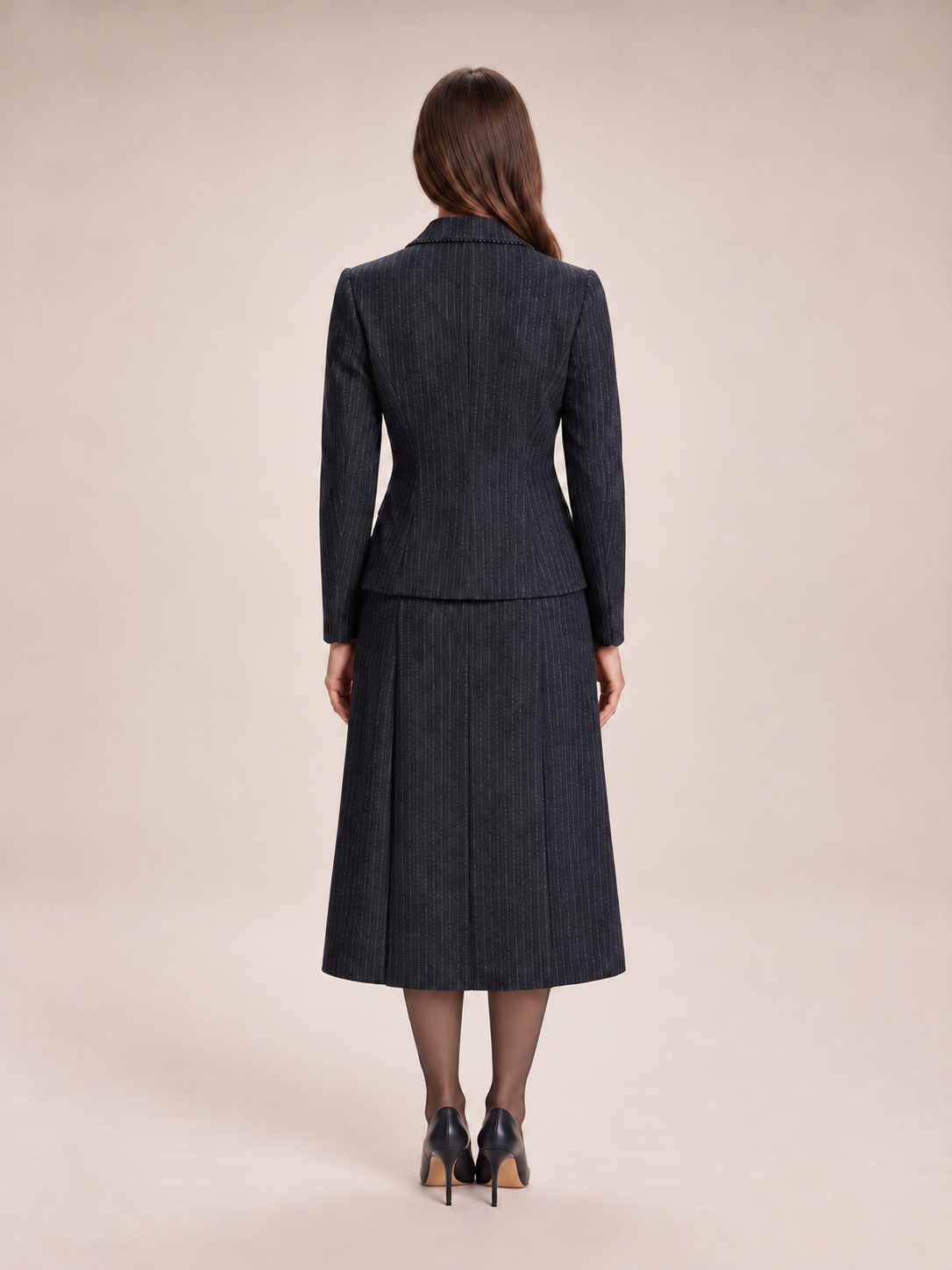 Greta | Pinstripe Beaded Lapel Blazer & Midi Dress Set