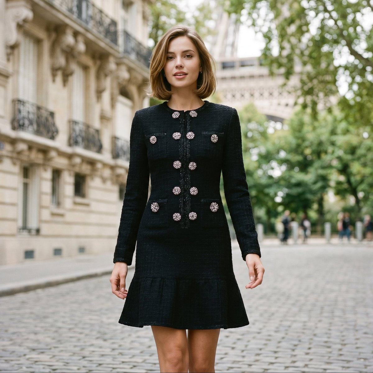 Ximena | Double-Breasted Bead Detail Knit Mini Dress