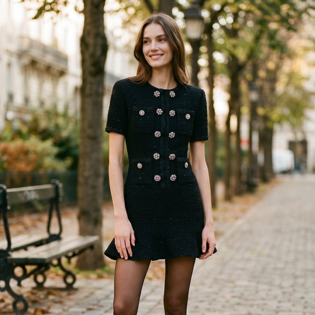 Ximena | Double-Breasted Bead Detail Knit Mini Dress