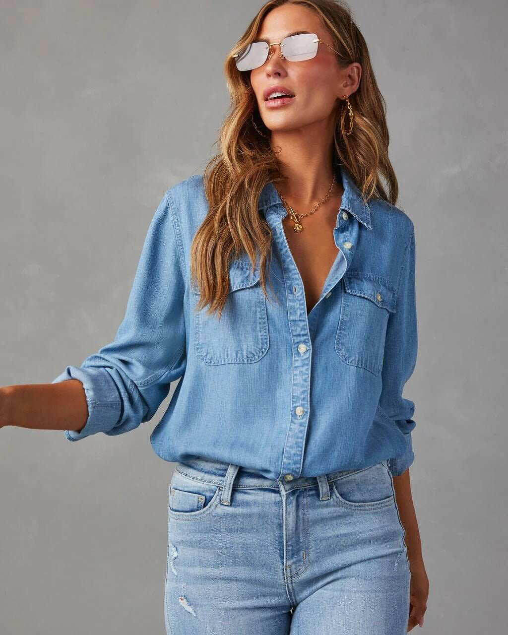 Emilia | Long Sleeve Button-Up Denim Shirt