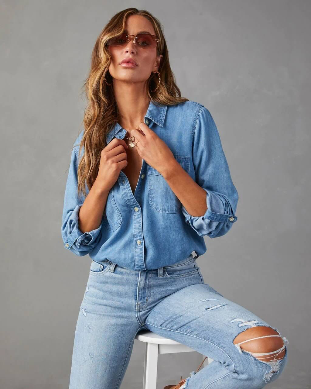 Emilia | Long Sleeve Button-Up Denim Shirt