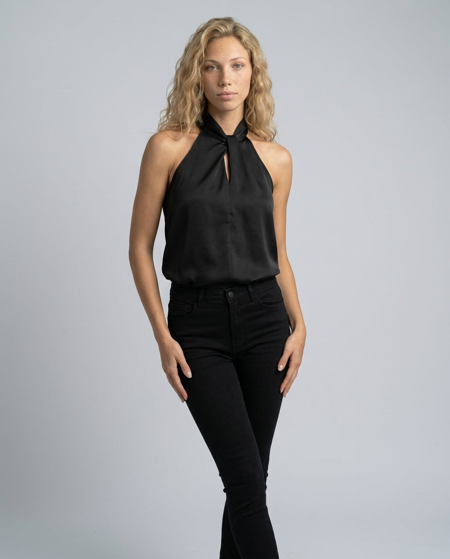 Gemma | Knotted Collar Flowy Satin-Look Top