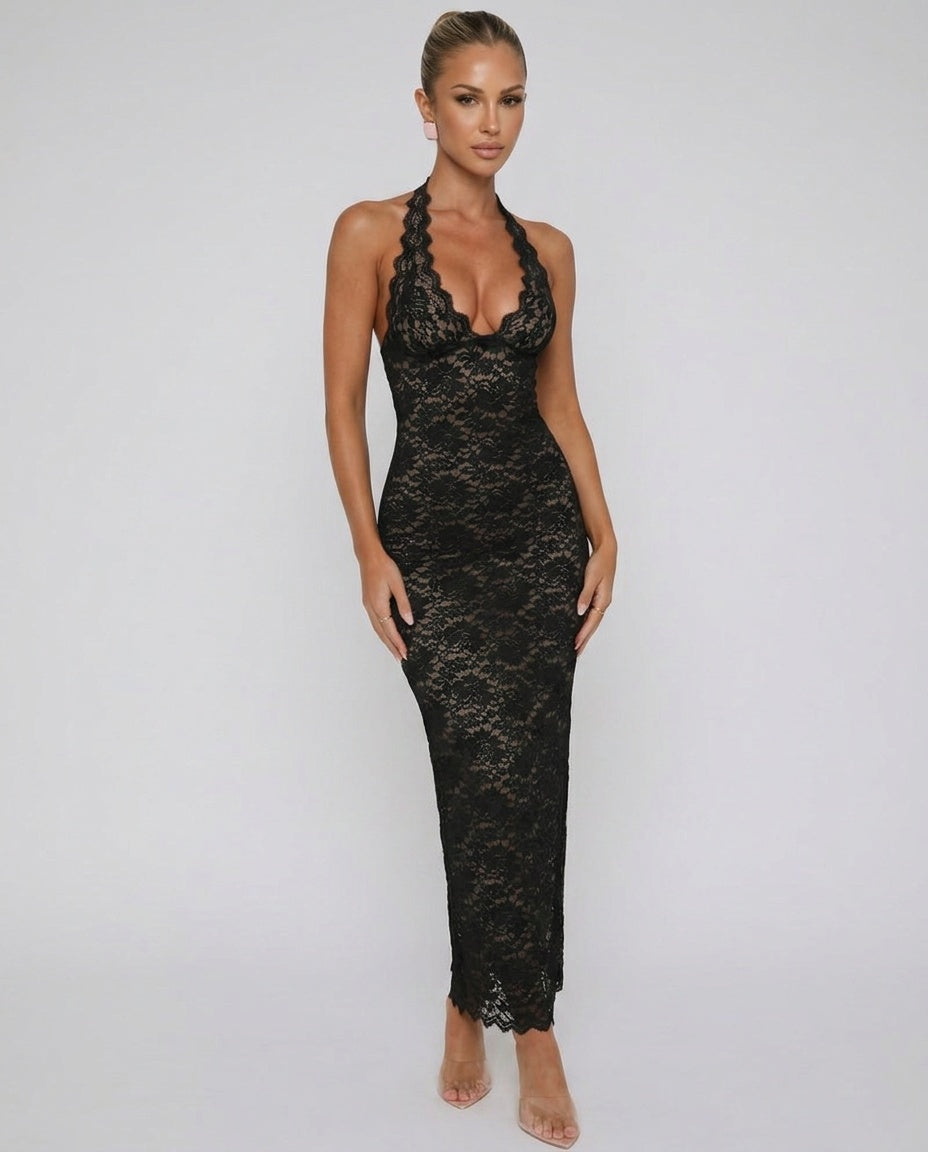 Zara | Halter Neck Floral Lace Maxi Dress