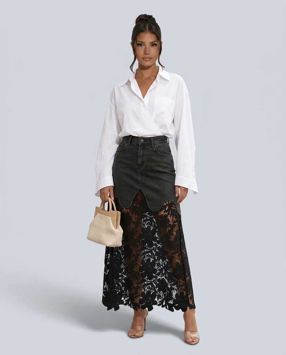 Malena | High Waist Button Front Denim Lace Panel Maxi Skirt