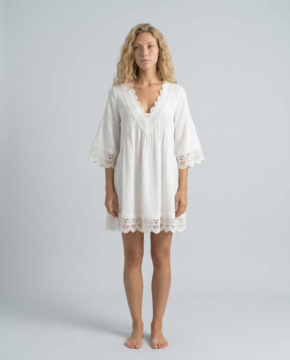 Valeria | Lace Tassel Puff Sleeve Cotton Linen Mini Dress
