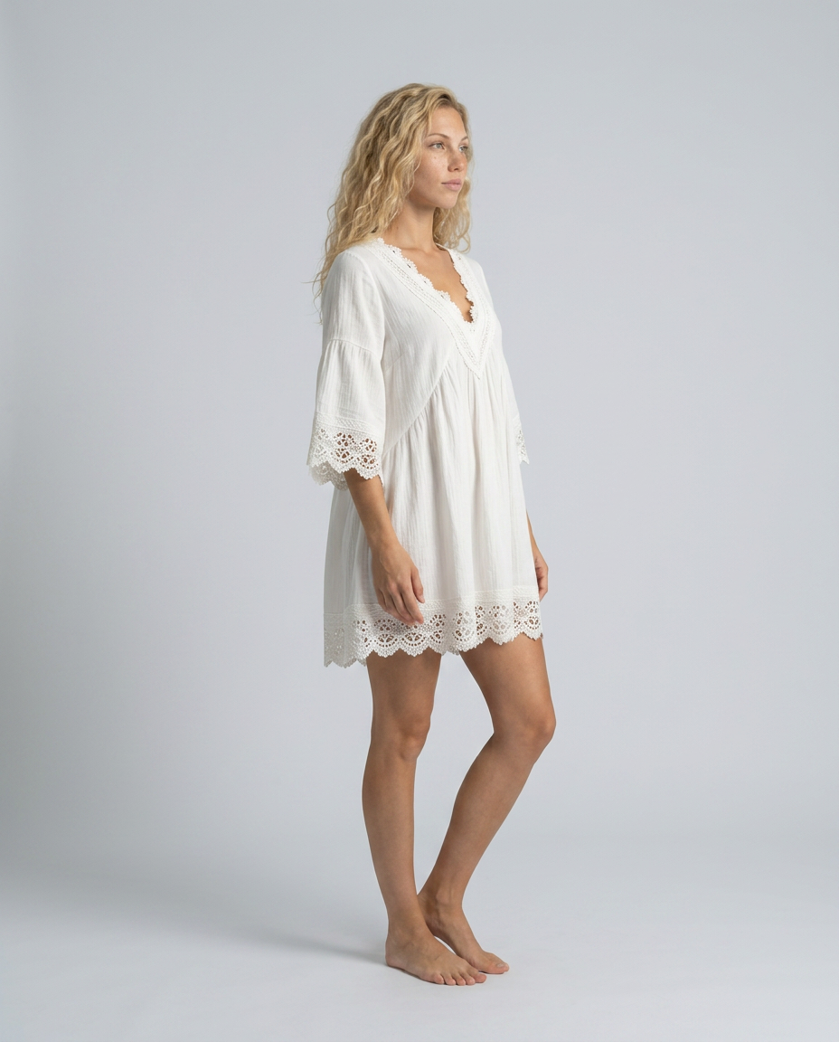 Valeria | Lace Tassel Puff Sleeve Cotton Linen Mini Dress