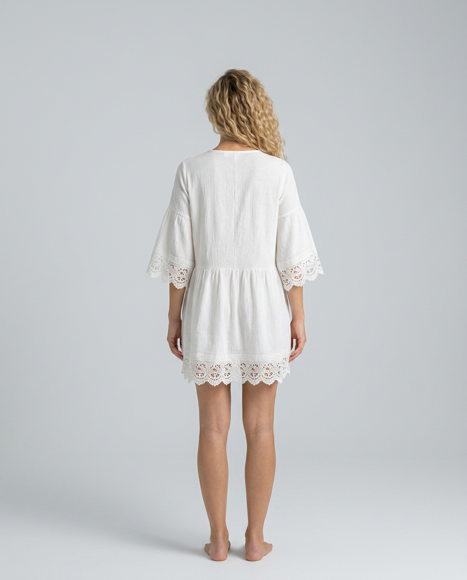 Valeria | Lace Tassel Puff Sleeve Cotton Linen Mini Dress