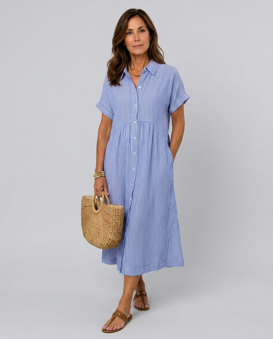 Emerson | Short Sleeve Button Front Striped Midi Dress