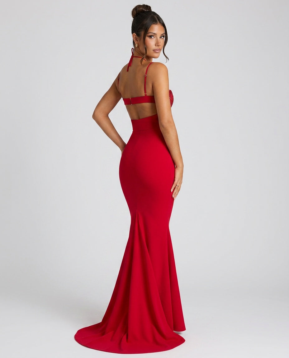 Imogen | Embellished Heart Cup Fishtail Maxi Dress