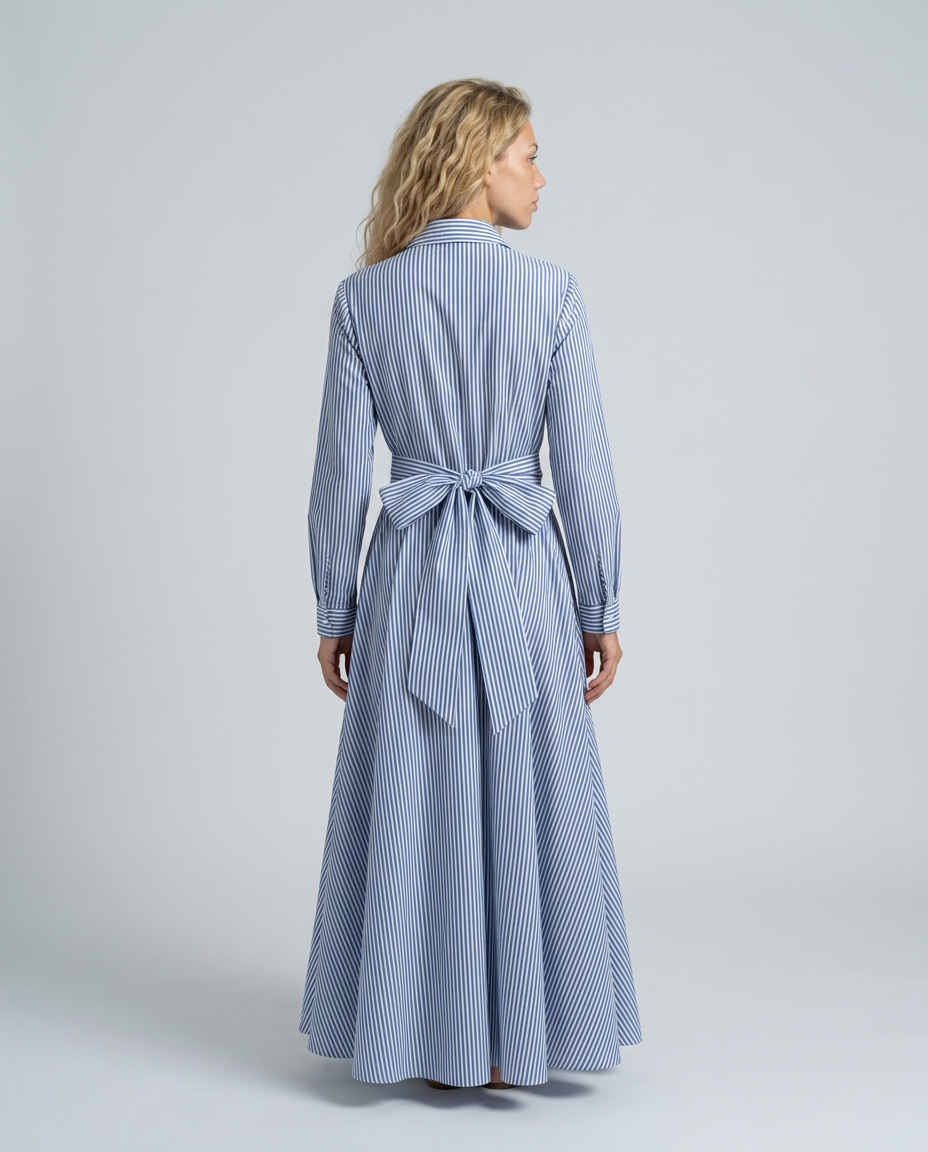 Edith | Cinched Waist Striped Shirt Maxi Dress