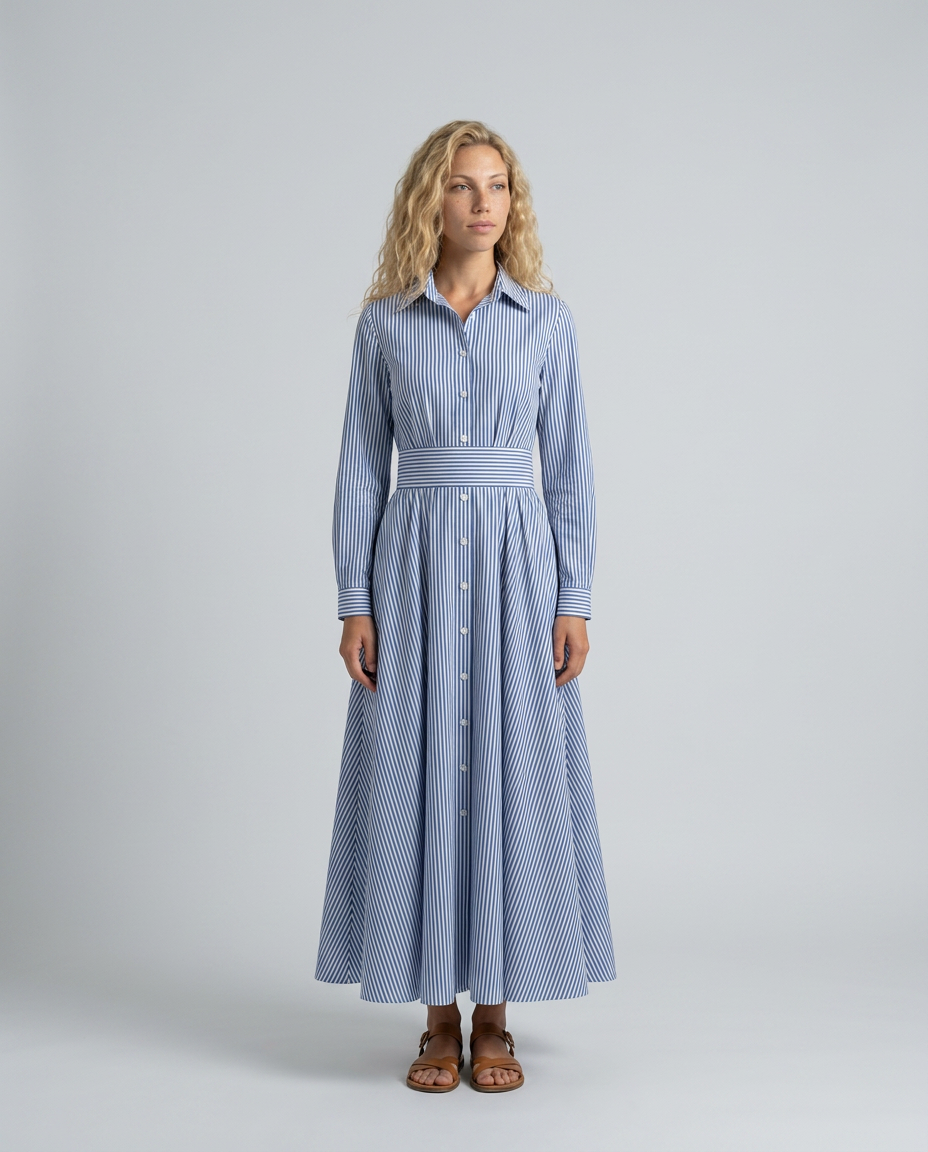 Edith | Cinched Waist Striped Shirt Maxi Dress