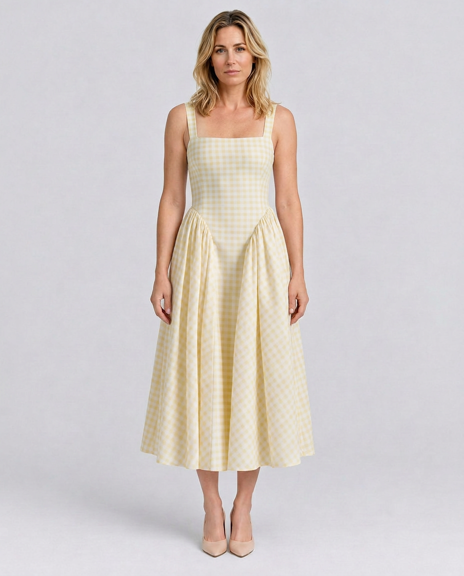 Verity | Sculpted Waist Full Skirt Gingham Midi Dress
