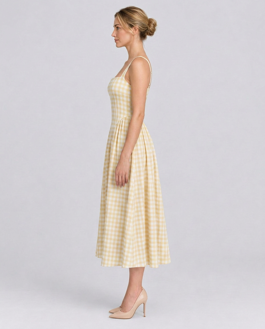 Verity | Sculpted Waist Full Skirt Gingham Midi Dress