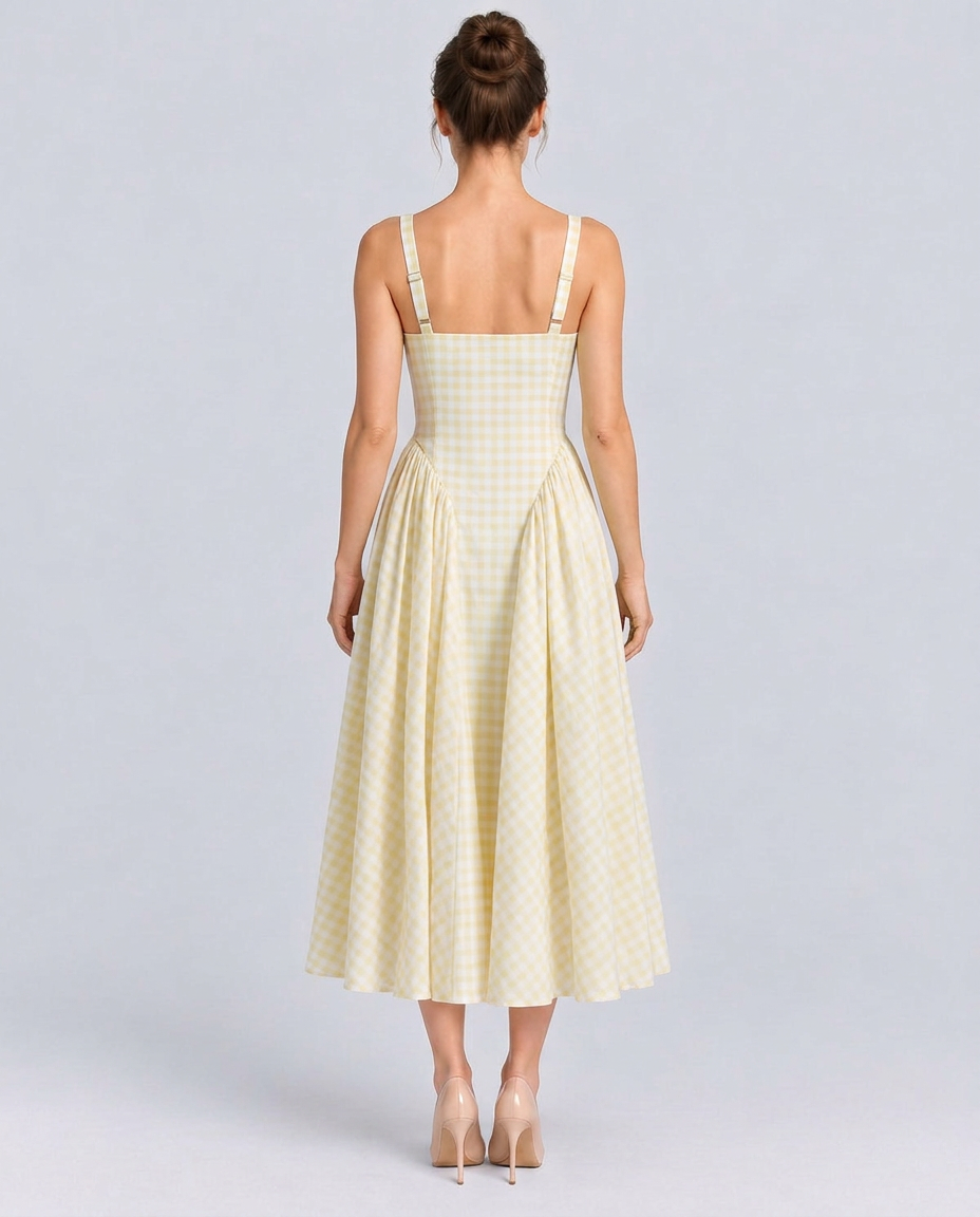 Verity | Sculpted Waist Full Skirt Gingham Midi Dress